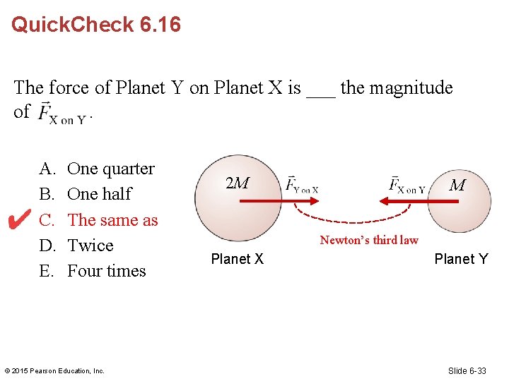 Quick. Check 6. 16 The force of Planet Y on Planet X is ___