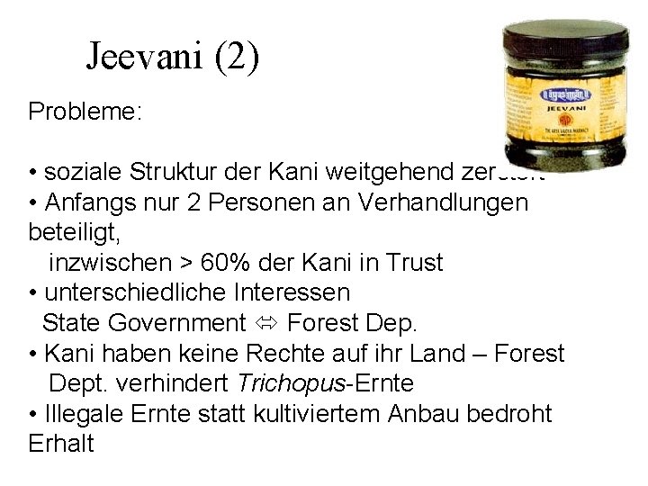 Jeevani (2) Probleme: • soziale Struktur der Kani weitgehend zerstört • Anfangs nur 2