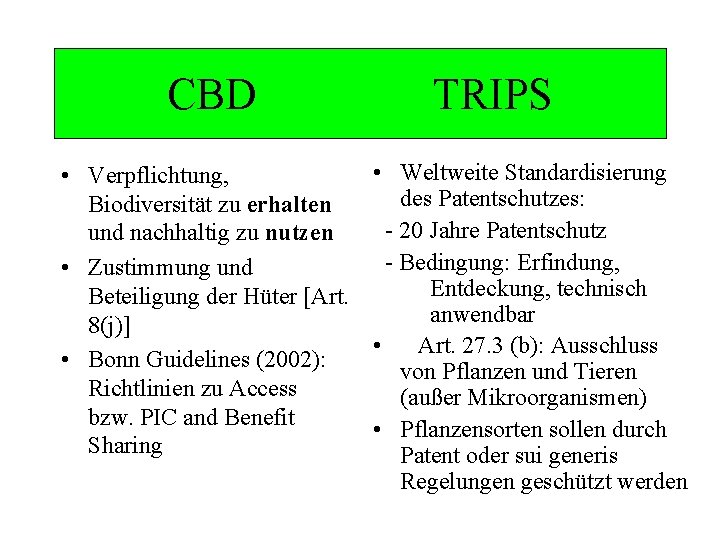 CBD TRIPS • Weltweite Standardisierung • Verpflichtung, des Patentschutzes: Biodiversität zu erhalten - 20