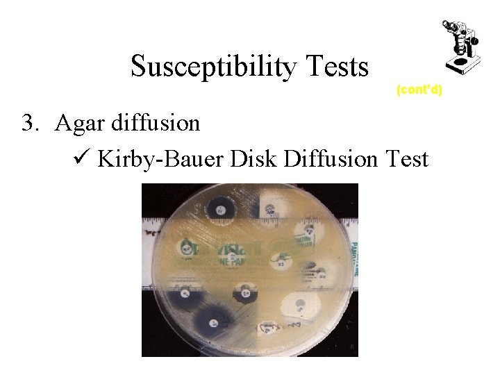 Susceptibility Tests (cont’d) 3. Agar diffusion Kirby-Bauer Disk Diffusion Test 