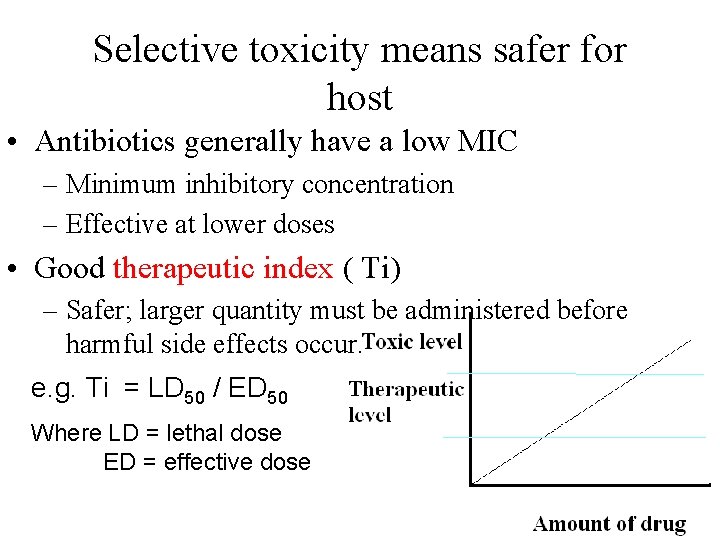 Selective toxicity means safer for host • Antibiotics generally have a low MIC –