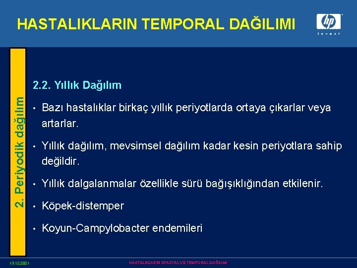 HASTALIKLARIN TEMPORAL DAĞILIMI 2. Periyodik dağılım 2. 2. Yıllık Dağılım 13. 12. 2021 •