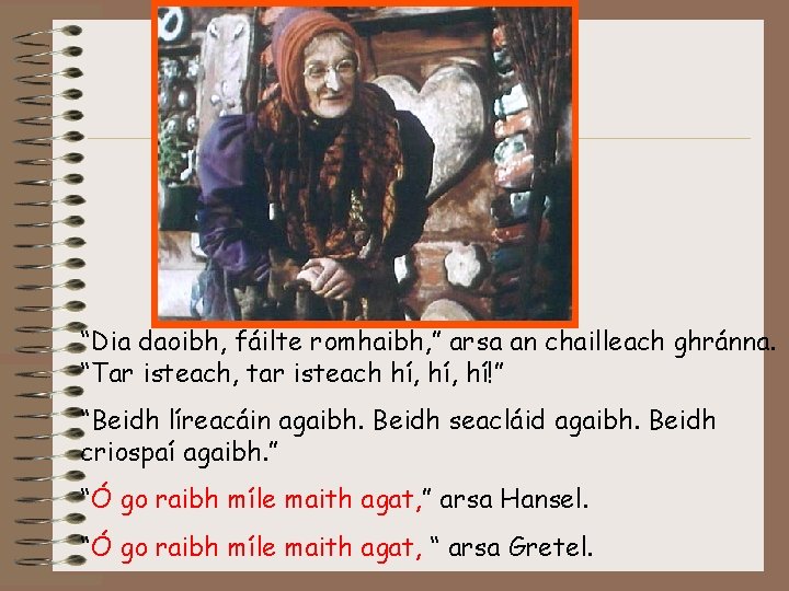 “Dia daoibh, fáilte romhaibh, ” arsa an chailleach ghránna. “Tar isteach, tar isteach hí,