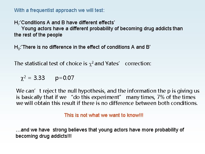 With a frequentist approach we will test: Hi: ’Conditions A and B have different