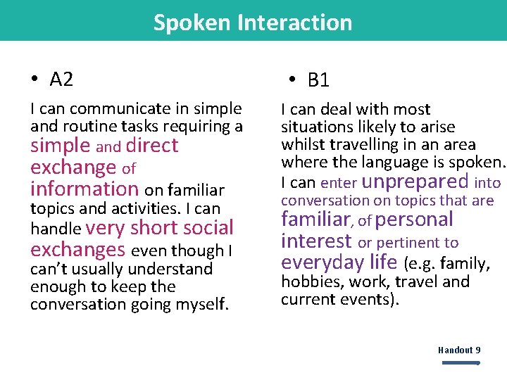 Spoken Interaction • A 2 I can communicate in simple and routine tasks requiring