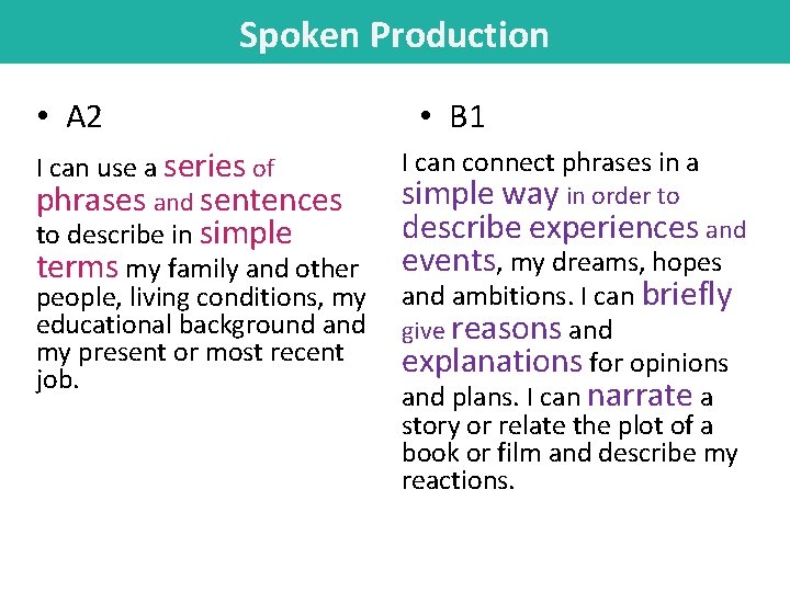 Spoken Production • A 2 I can use a series of • B 1