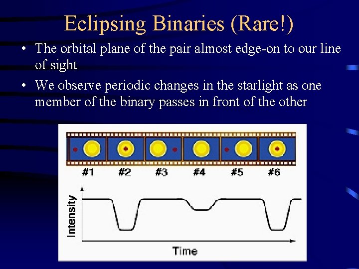 Eclipsing Binaries (Rare!) • The orbital plane of the pair almost edge-on to our