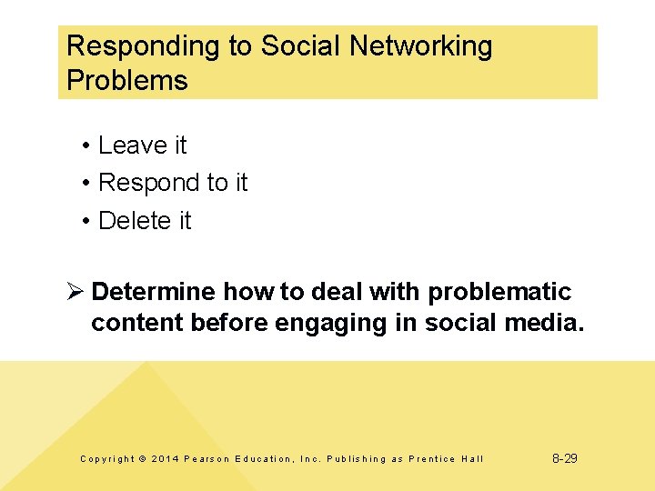 Responding to Social Networking Problems • Leave it • Respond to it • Delete