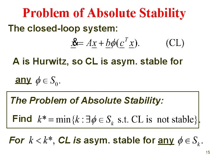 Problem of Absolute Stability The closed-loop system: A is Hurwitz, so CL is asym.