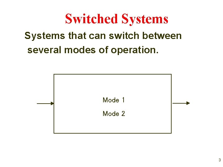 Switched Systems that can switch between several modes of operation. Mode 1 Mode 2