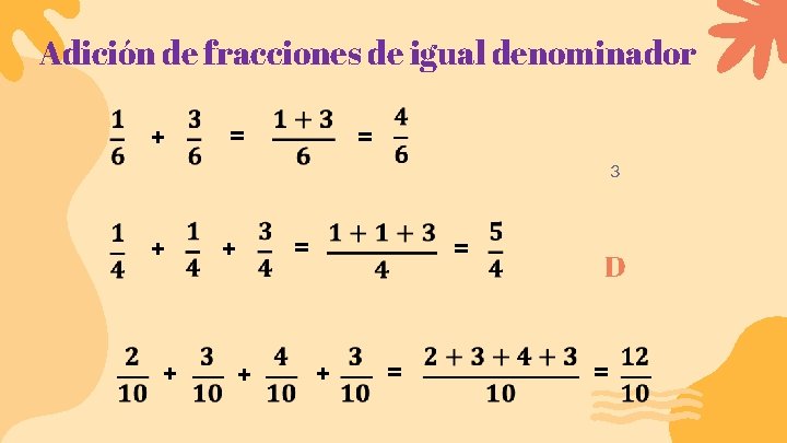 Adición de fracciones de igual denominador + = = 3 + + = =