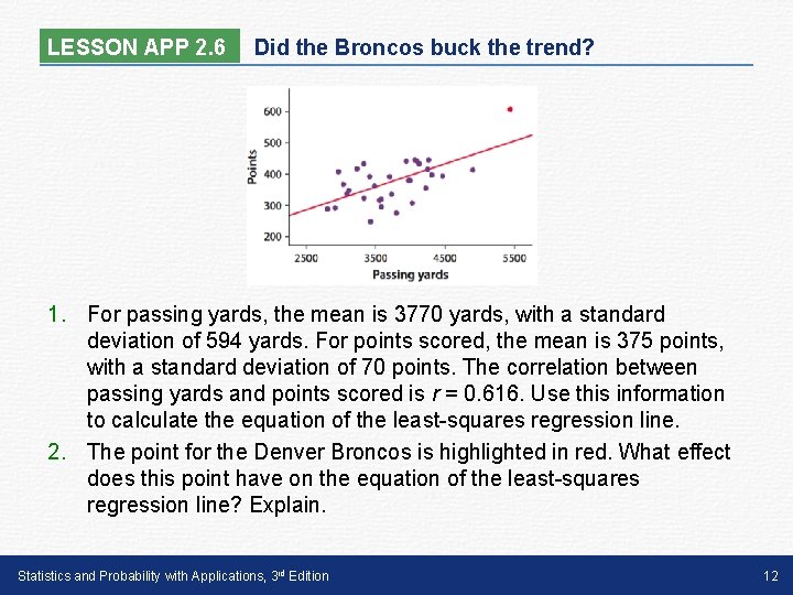 LESSON APP 2. 6 Did the Broncos buck the trend? 1. For passing yards,