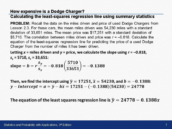 How expensive is a Dodge Charger? Calculating the least-squares regression line using summary statistics