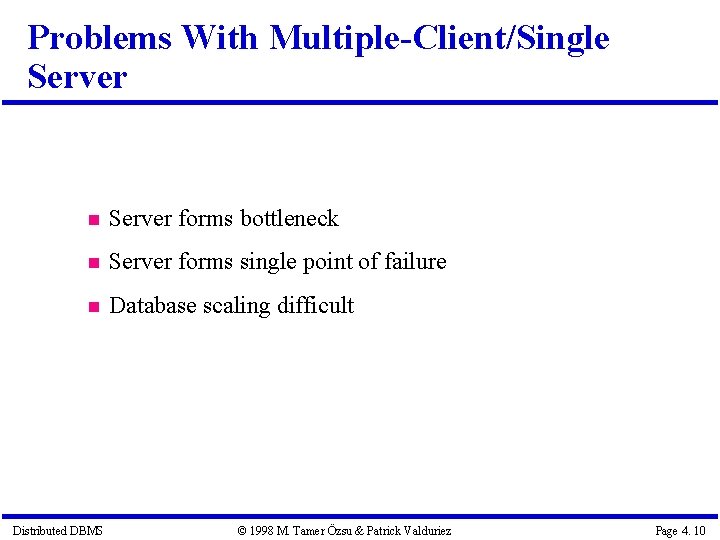 Problems With Multiple-Client/Single Server forms bottleneck Server forms single point of failure Database scaling Problems With Multiple-Client/Single Server forms bottleneck Server forms single point of failure Database scaling