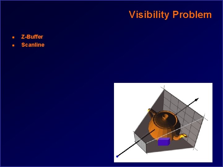 Visibility Problem n n Z-Buffer Scanline 