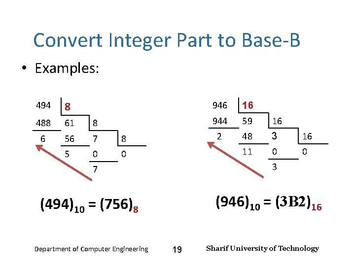 Number Systems – Lecture 2 Convert Integer Part to Base-B • Examples: 494 8
