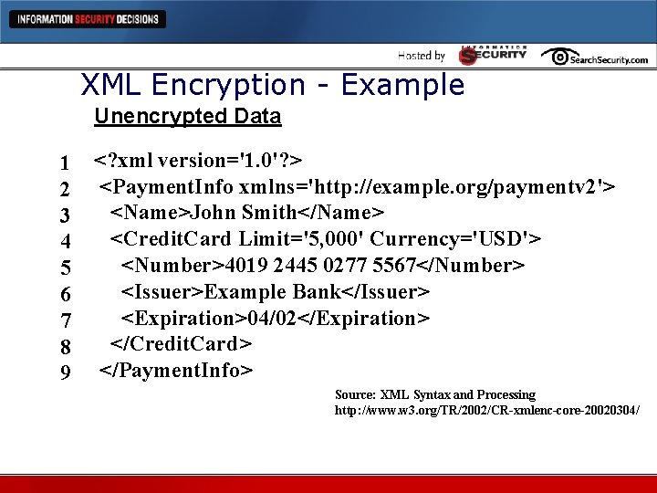 XML Encryption - Example Unencrypted Data 1 2 3 4 5 6 7 8