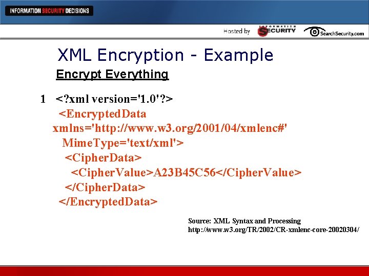 XML Encryption - Example Encrypt Everything 1 <? xml version='1. 0'? > <Encrypted. Data