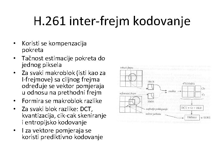 H. 261 inter-frejm kodovanje • Koristi se kompenzacija pokreta • Tačnost estimacije pokreta do