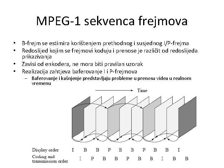 MPEG-1 sekvenca frejmova • B-frejm se estimira korištenjem prethodnog i susjednog I/P-frejma • Redoslijed
