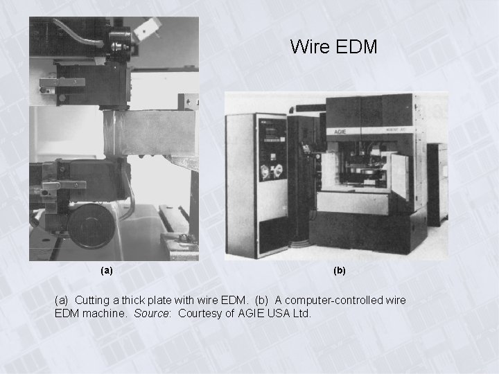 Wire EDM (a) (b) (a) Cutting a thick plate with wire EDM. (b) A Wire EDM (a) (b) (a) Cutting a thick plate with wire EDM. (b) A