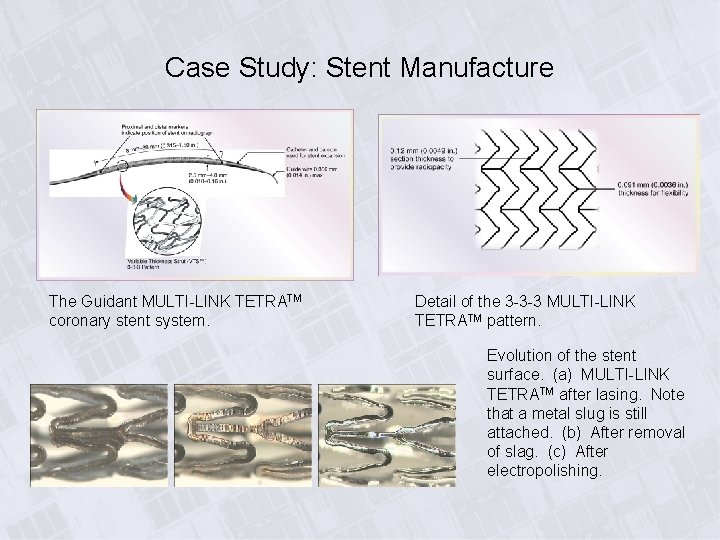 Case Study: Stent Manufacture The Guidant MULTI-LINK TETRATM coronary stent system. Detail of the Case Study: Stent Manufacture The Guidant MULTI-LINK TETRATM coronary stent system. Detail of the