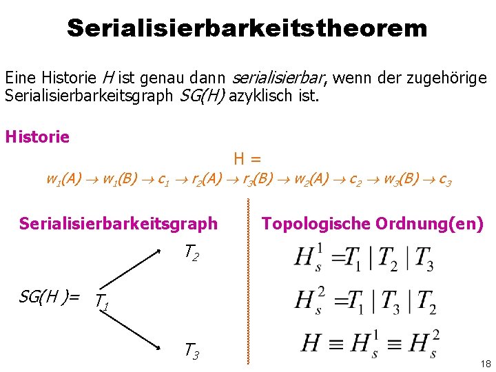Serialisierbarkeitstheorem Eine Historie H ist genau dann serialisierbar, wenn der zugehörige Serialisierbarkeitsgraph SG(H) azyklisch