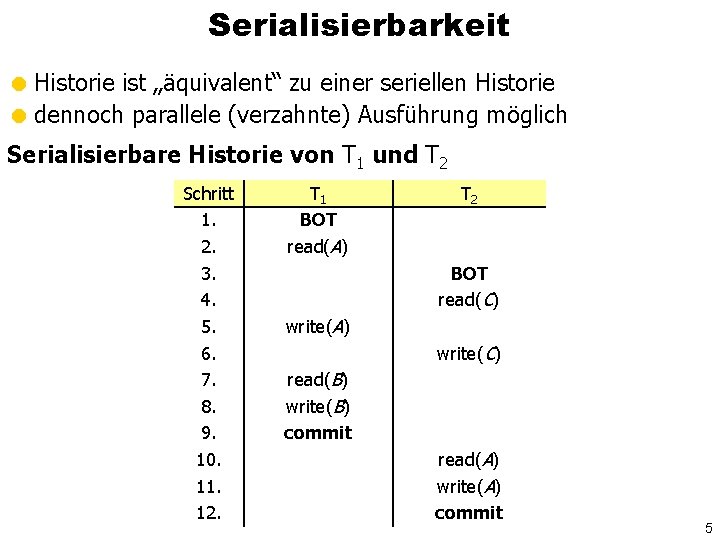 Serialisierbarkeit = Historie ist „äquivalent“ zu einer seriellen Historie = dennoch parallele (verzahnte) Ausführung