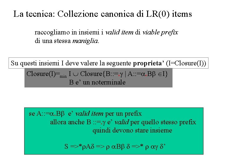 La tecnica: Collezione canonica di LR(0) items raccogliamo in insiemi i valid item di
