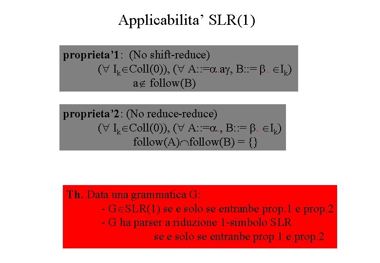 Applicabilita’ SLR(1) proprieta’ 1: (No shift-reduce) ( Ik Coll(0)), ( A: : =. a