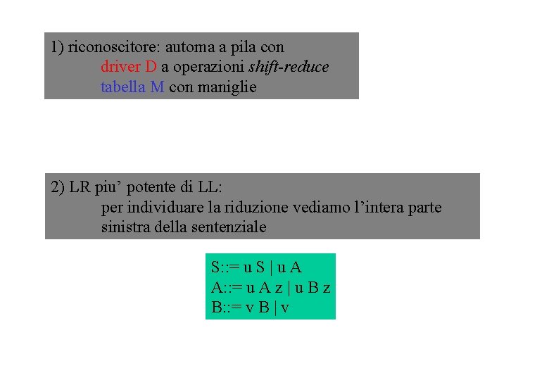 1) riconoscitore: automa a pila con driver D a operazioni shift-reduce tabella M con