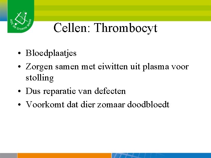 Cellen: Thrombocyt • Bloedplaatjes • Zorgen samen met eiwitten uit plasma voor stolling •