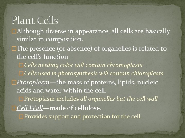 Plant Cells �Although diverse in appearance, all cells are basically similar in composition. �The