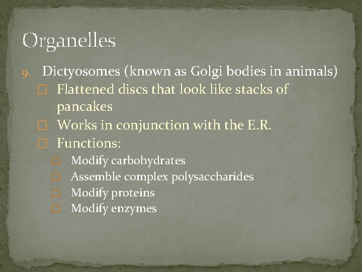 Organelles 9. Dictyosomes (known as Golgi bodies in animals) � Flattened discs that look