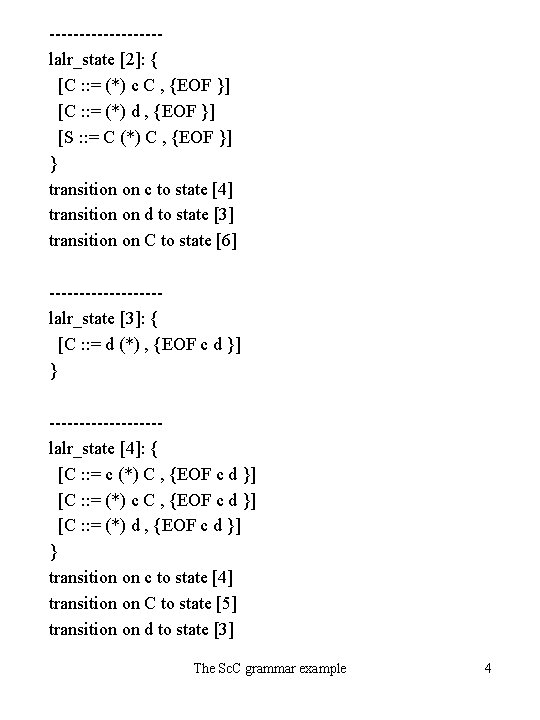 ---------lalr_state [2]: { [C : : = (*) c C , {EOF }] [C