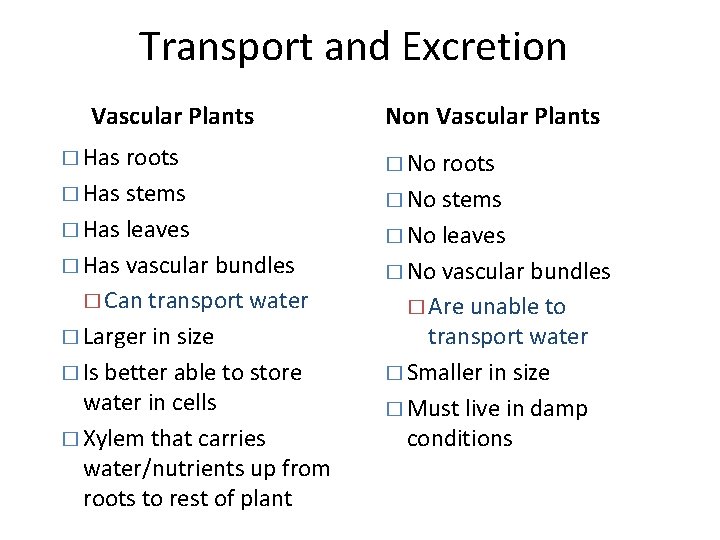 Transport and Excretion Vascular Plants � Has roots � Has stems � Has leaves