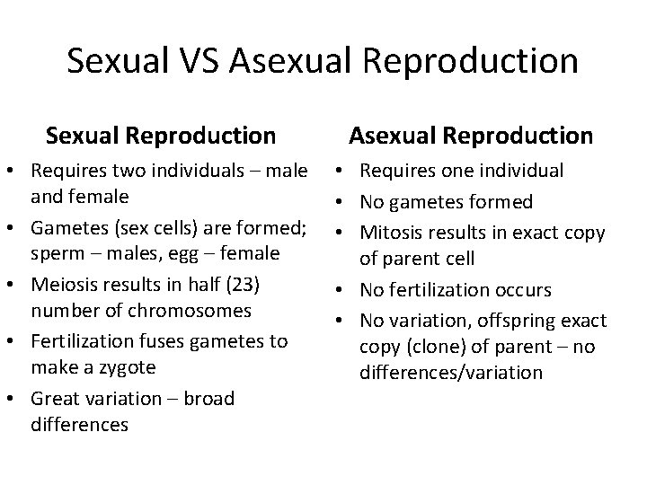 Sexual VS Asexual Reproduction Sexual Reproduction Asexual Reproduction • Requires two individuals – male