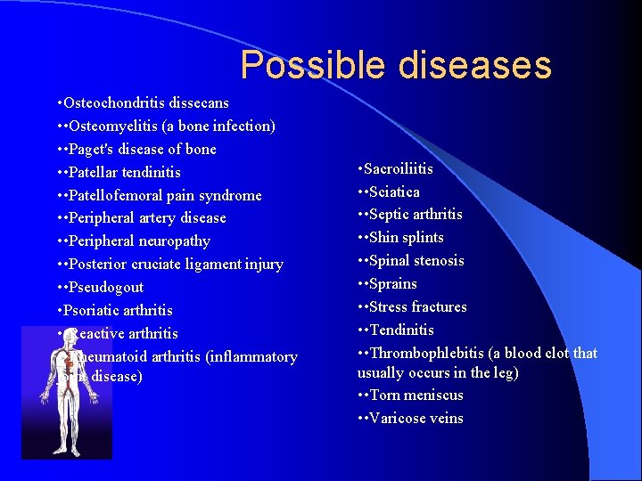 Possible diseases • Osteochondritis dissecans • • Osteomyelitis (a bone infection) • • Paget's