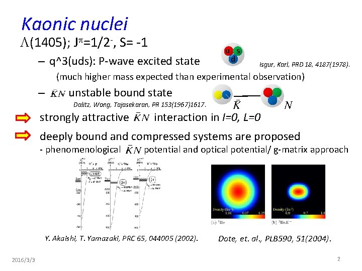 Kaonic nuclei L(1405); Jp=1/2 -, S= -1 – q^3(uds): P-wave excited state u s