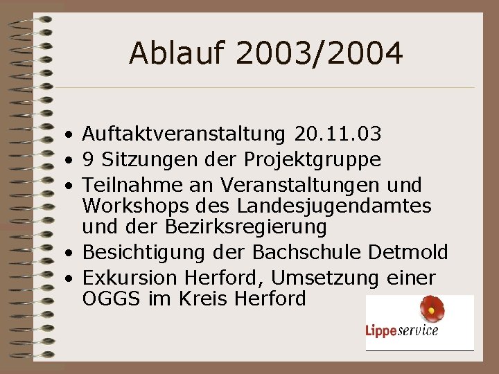 Ablauf 2003/2004 • Auftaktveranstaltung 20. 11. 03 • 9 Sitzungen der Projektgruppe • Teilnahme