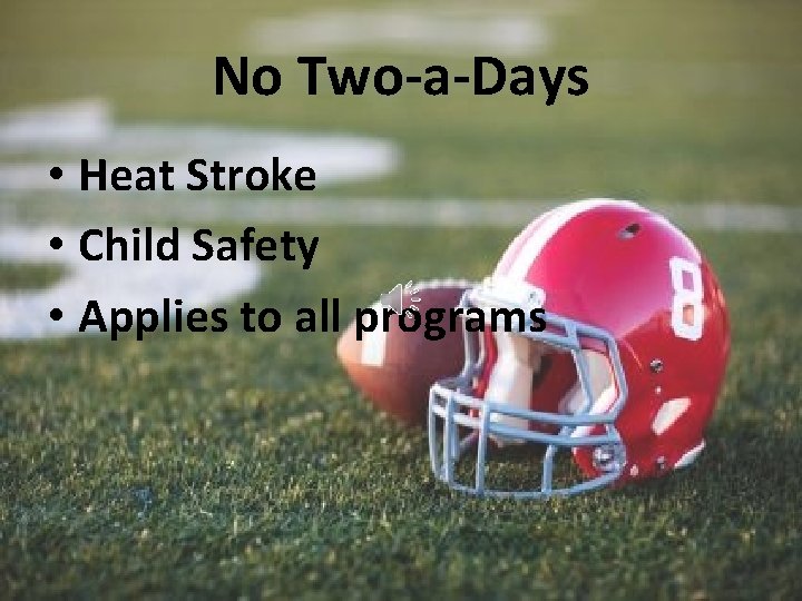 No Two-a-Days • Heat Stroke • Child Safety • Applies to all programs 
