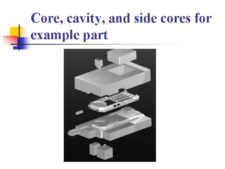 Core, cavity, and side cores for example part 