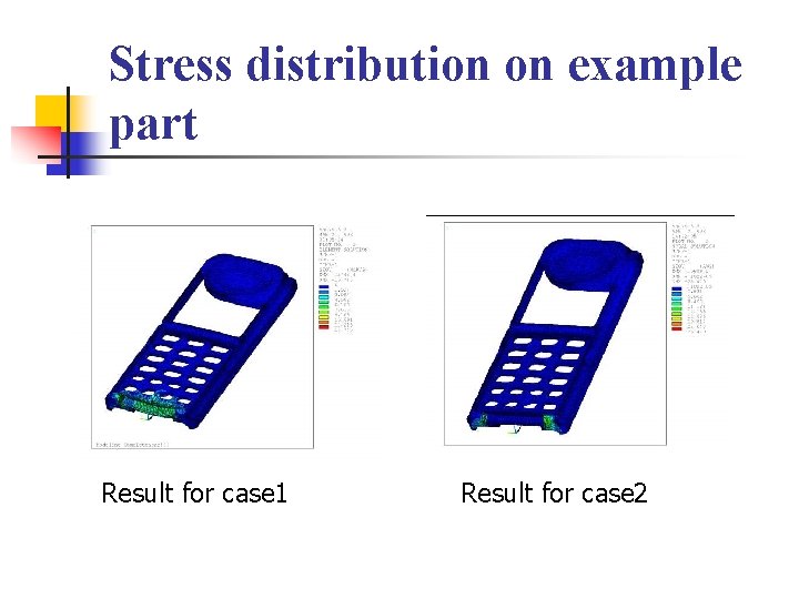 Stress distribution on example part Result for case 1 Result for case 2 