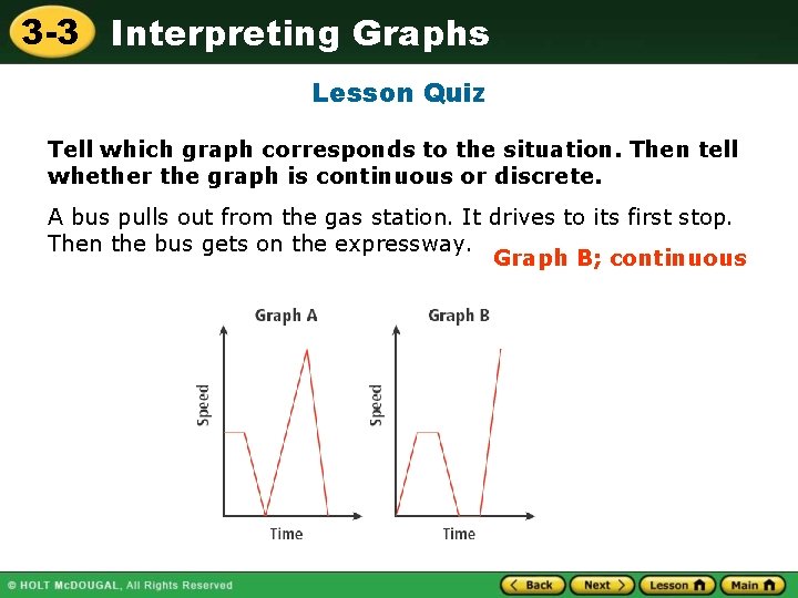 3 -3 Interpreting Graphs Lesson Quiz Tell which graph corresponds to the situation. Then