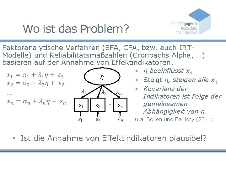 Wo ist das Problem? Faktoranalytische Verfahren (EFA, CFA, bzw. auch IRTModelle) und Reliabilitätsmaßzahlen (Cronbachs