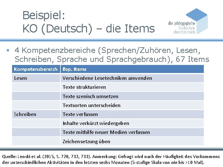 Beispiel: KO (Deutsch) – die Items § 4 Kompetenzbereiche (Sprechen/Zuhören, Lesen, Schreiben, Sprache und