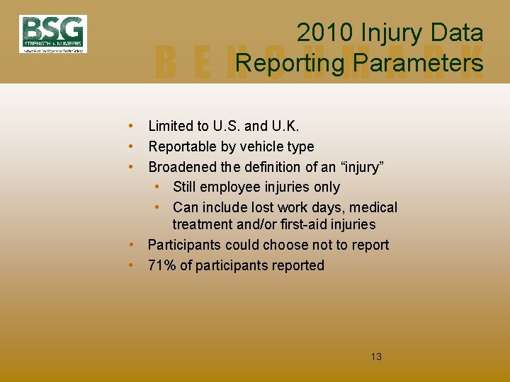 2010 Injury Data Reporting Parameters BENCHMARK • Limited to U. S. and U. K.