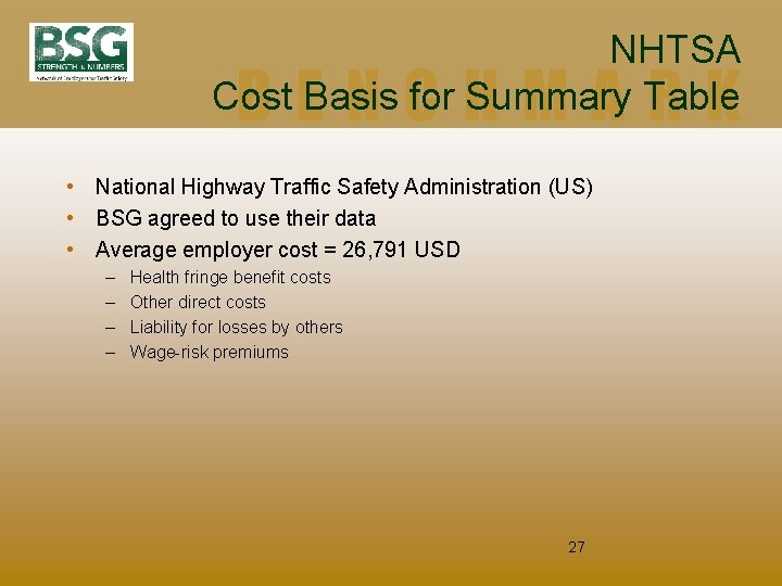 NHTSA Cost Basis for Summary Table BENCHMARK • National Highway Traffic Safety Administration (US)