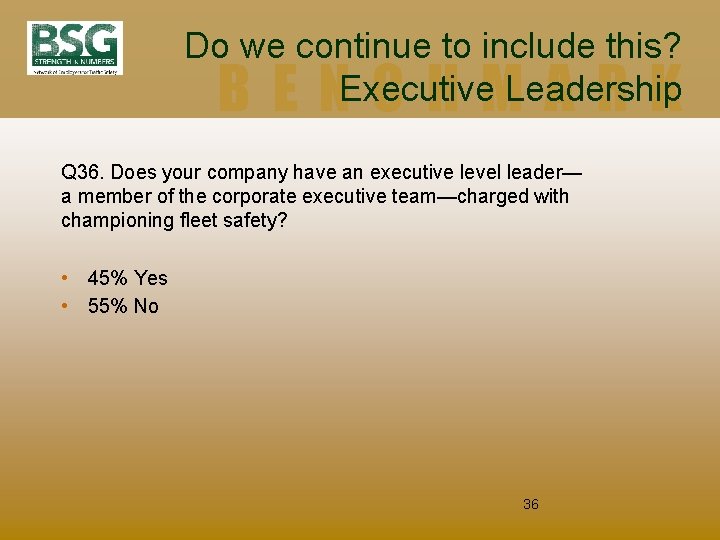 Do we continue to include this? Executive Leadership BENCHMARK Q 36. Does your company