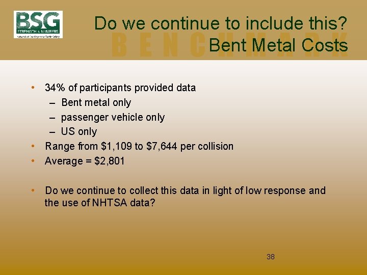 Do we continue to include this? Bent Metal Costs BENCHMARK • 34% of participants